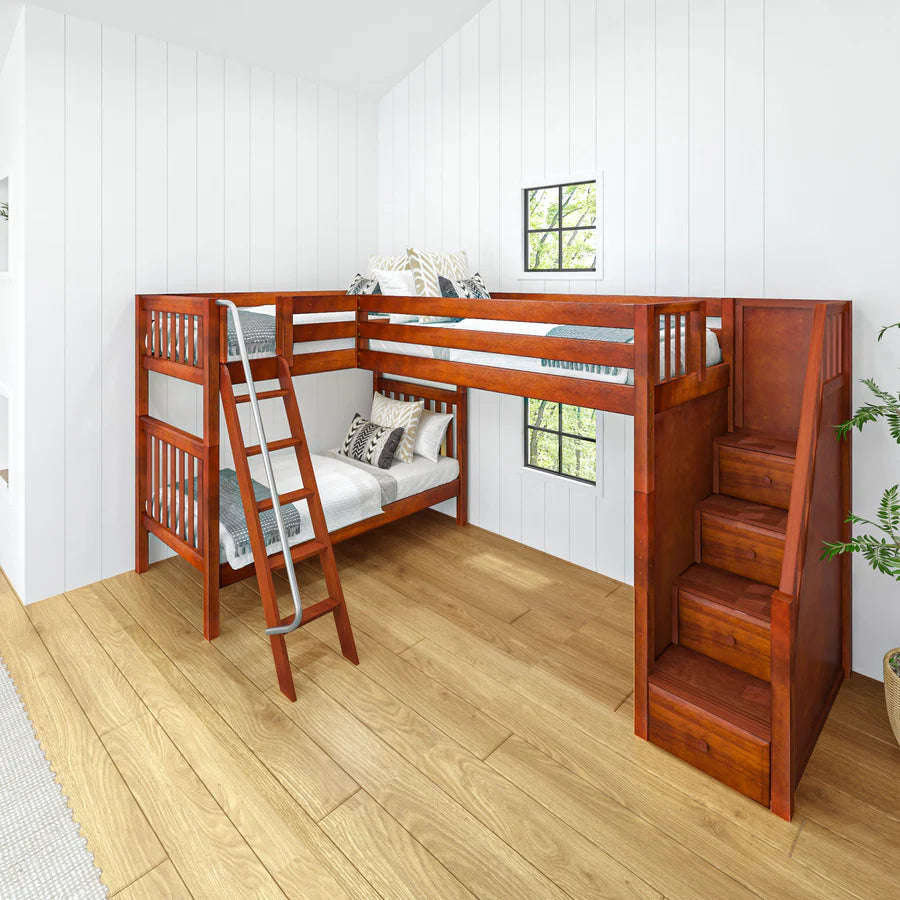 High Corner Triple Loft Bunk with Stairs and Angled Ladder Bunks - Tots to Teens Furniture