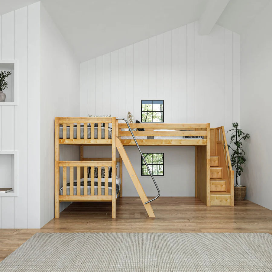 High Corner Triple Loft Bunk with Stairs and Angled Ladder Bunks - Tots to Teens Furniture