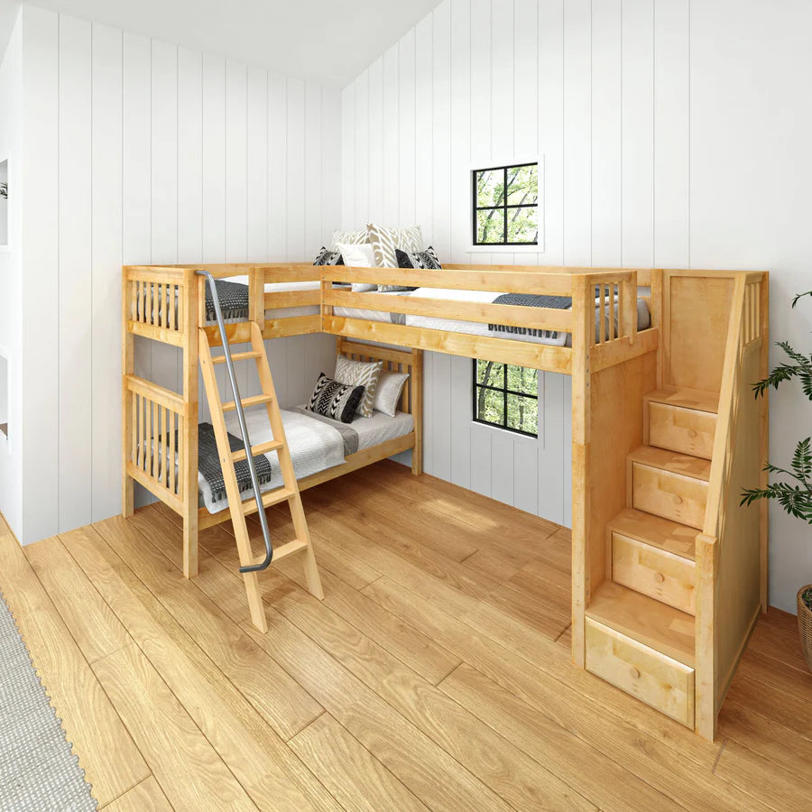 High Corner Triple Loft Bunk with Stairs and Angled Ladder Bunks - Tots to Teens Furniture