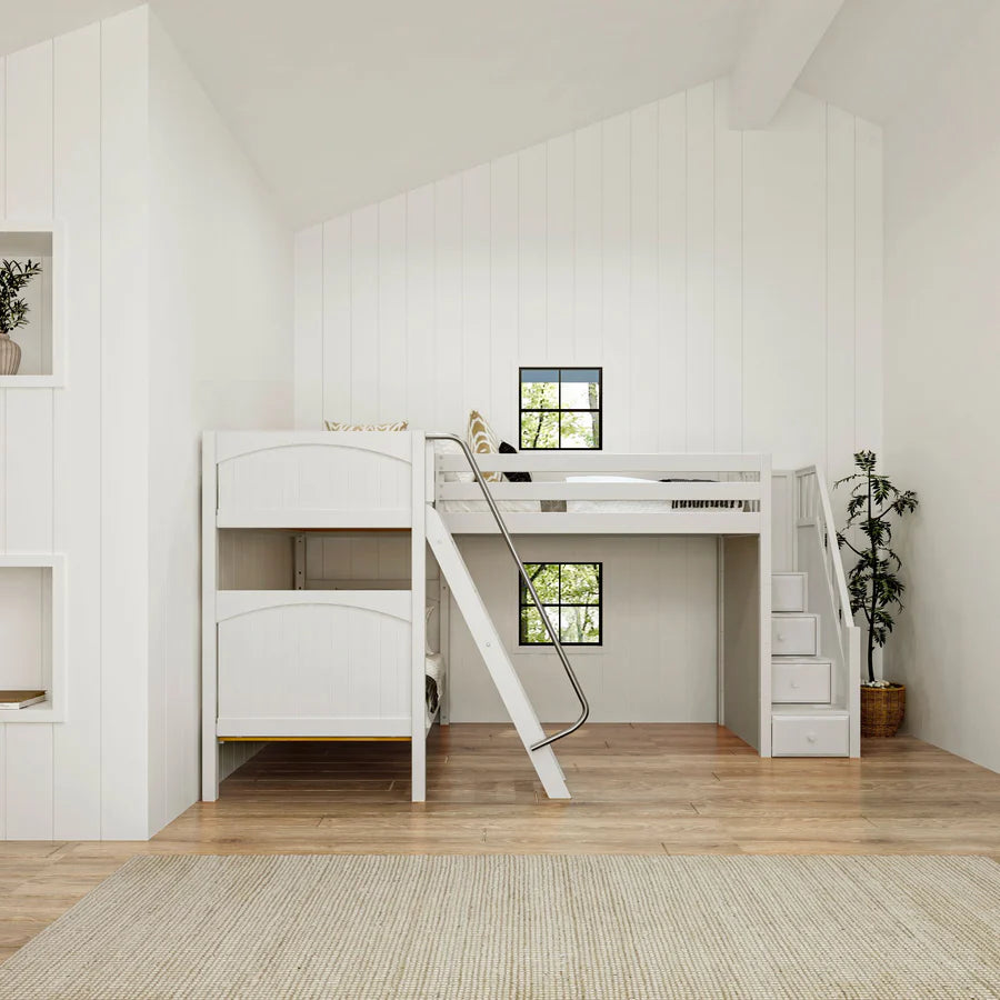 High Corner Triple Loft Bunk with Stairs and Angled Ladder Bunks - Tots to Teens Furniture