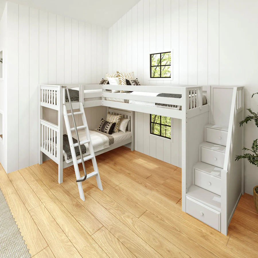 High Corner Triple Loft Bunk with Stairs and Angled Ladder Bunks - Tots to Teens Furniture