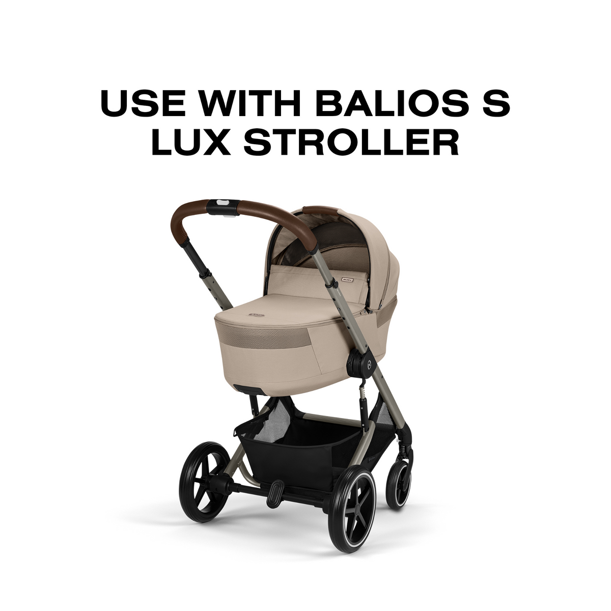 A light gray and black stroller pram combo shown on a white background with black text at the top reading 'USE WITH BALIOS S LUX STROLLER'.