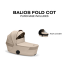 A beige Balios fold cot shown on a white background with text reading 'BALIOS FOLD COT PURCHASE INCLUDES' and a smaller inset showing a rain cover labeled 'RAIN COVER'.