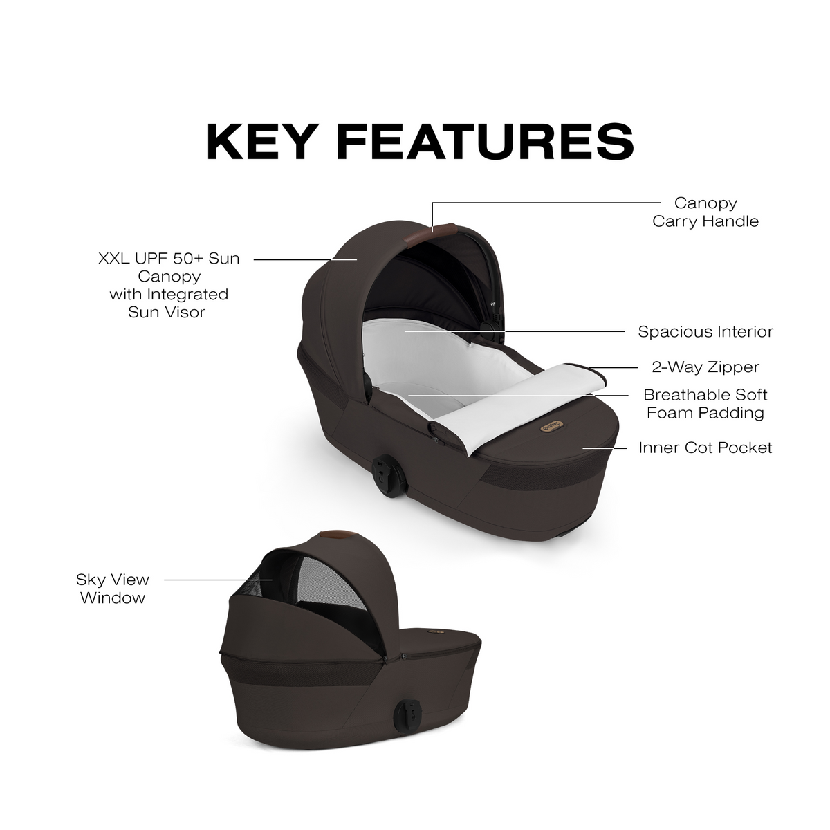 A product feature infographic showing two views of a dark brown baby car seat on a white background, labeled with key features such as canopy carry handle, spacious interior, breathable soft foam padding, inner cot pocket, and sky view window.