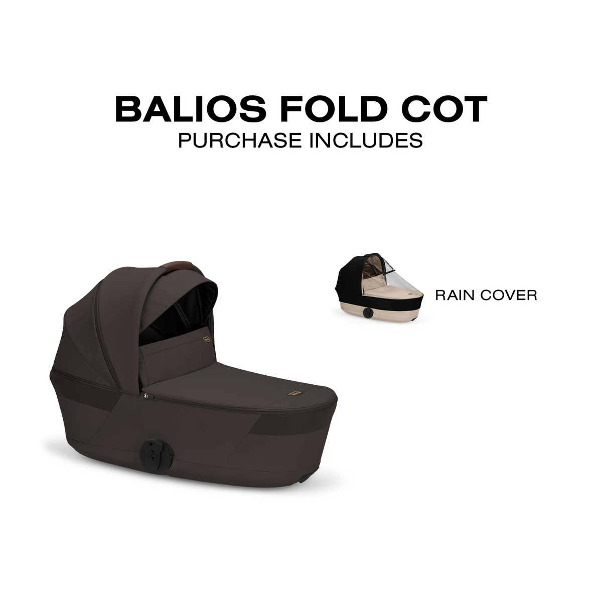 Black Balios Fold Cot with text reading 'BALIOS FOLD COT PURCHASE INCLUDES' and a small inset showing a rain cover labeled 'RAIN COVER' on a white background.