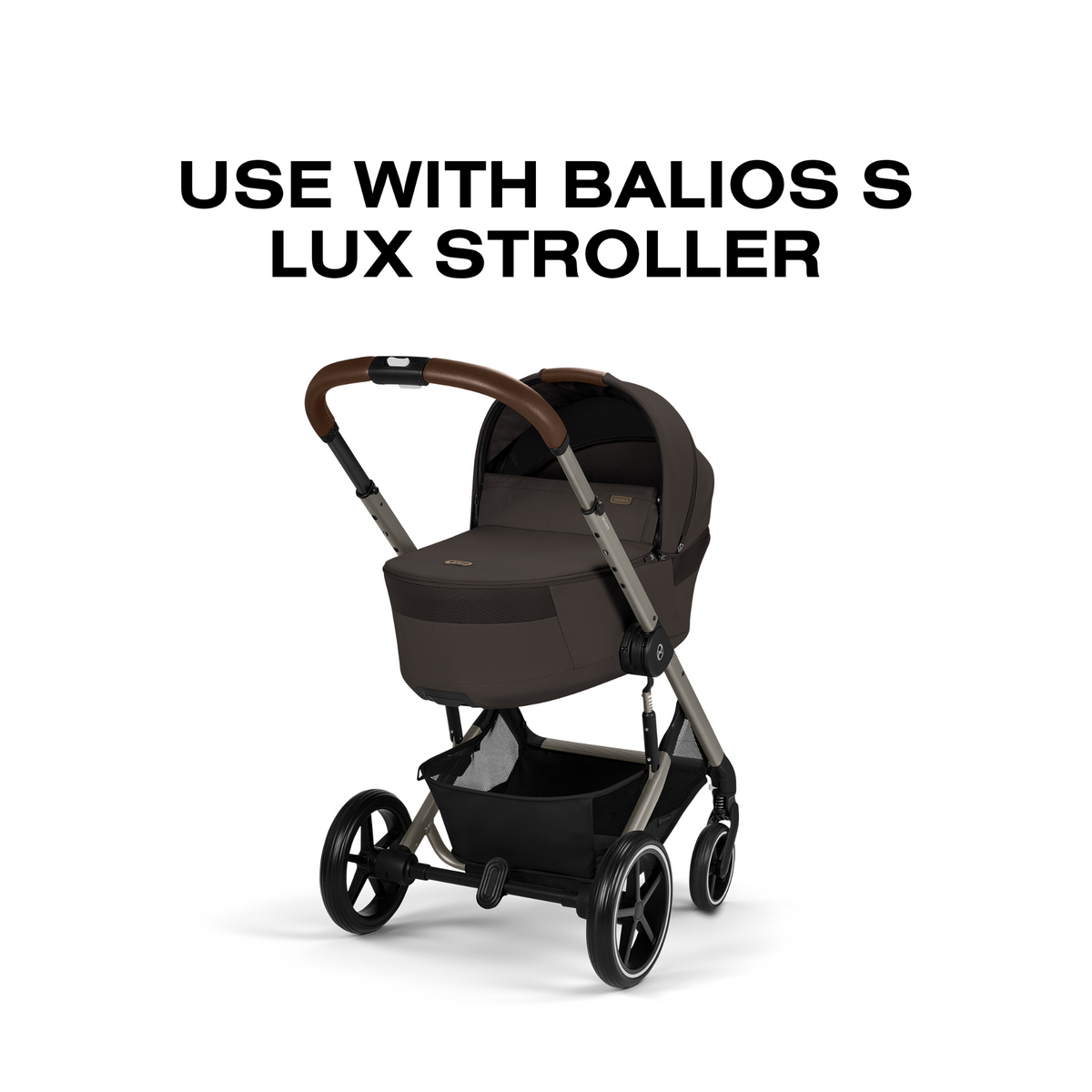 A stroller bassinet attachment in dark brown and black, shown with a stroller frame underneath, on a white background with the text 'USE WITH BALIOS S LUX STROLLER' at the top.