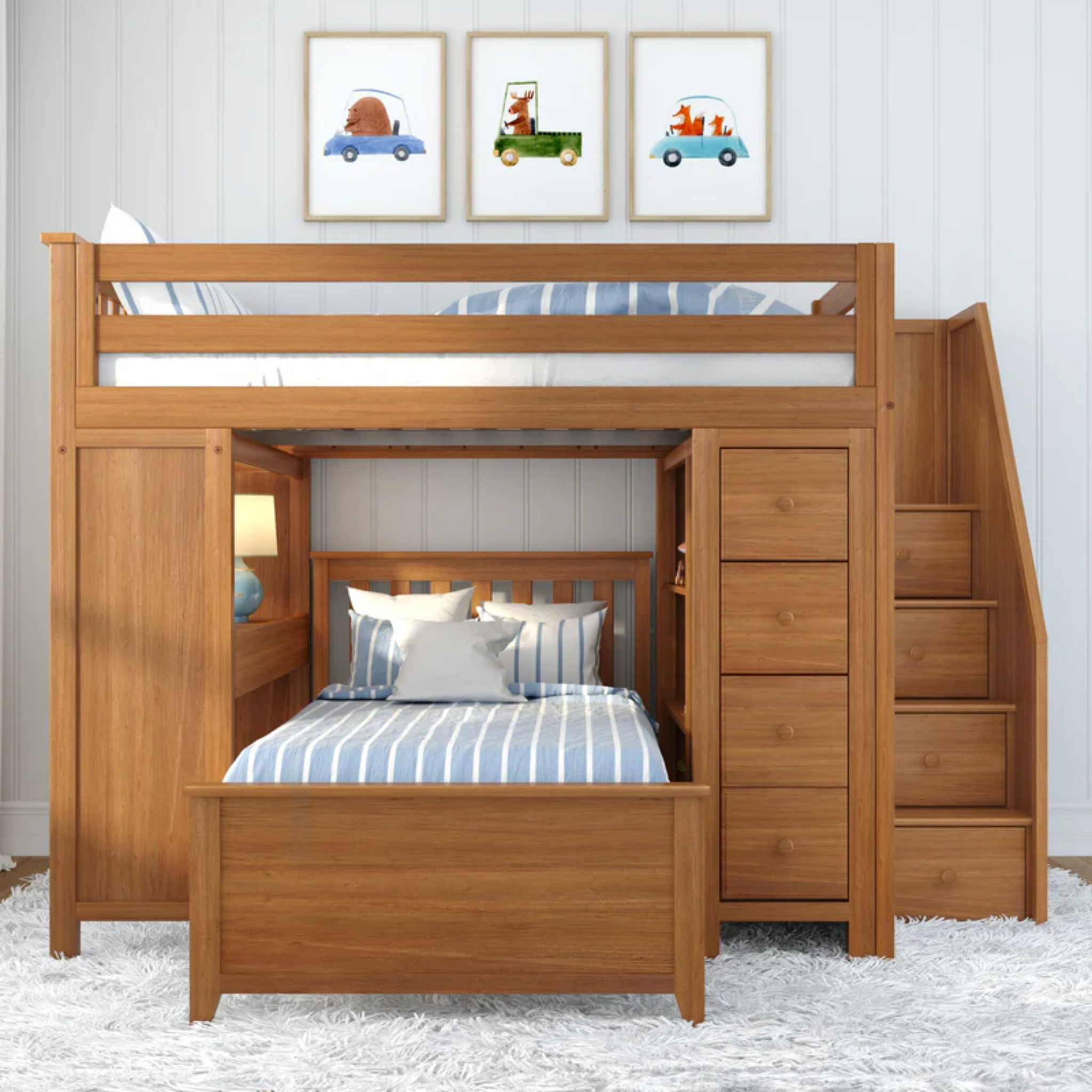 Buxton 4 - Full High Loft w/ Staircase, Dresser-Bookcase, Double-Drawer Desk & Twin Bed - Tots to Teens Furniture