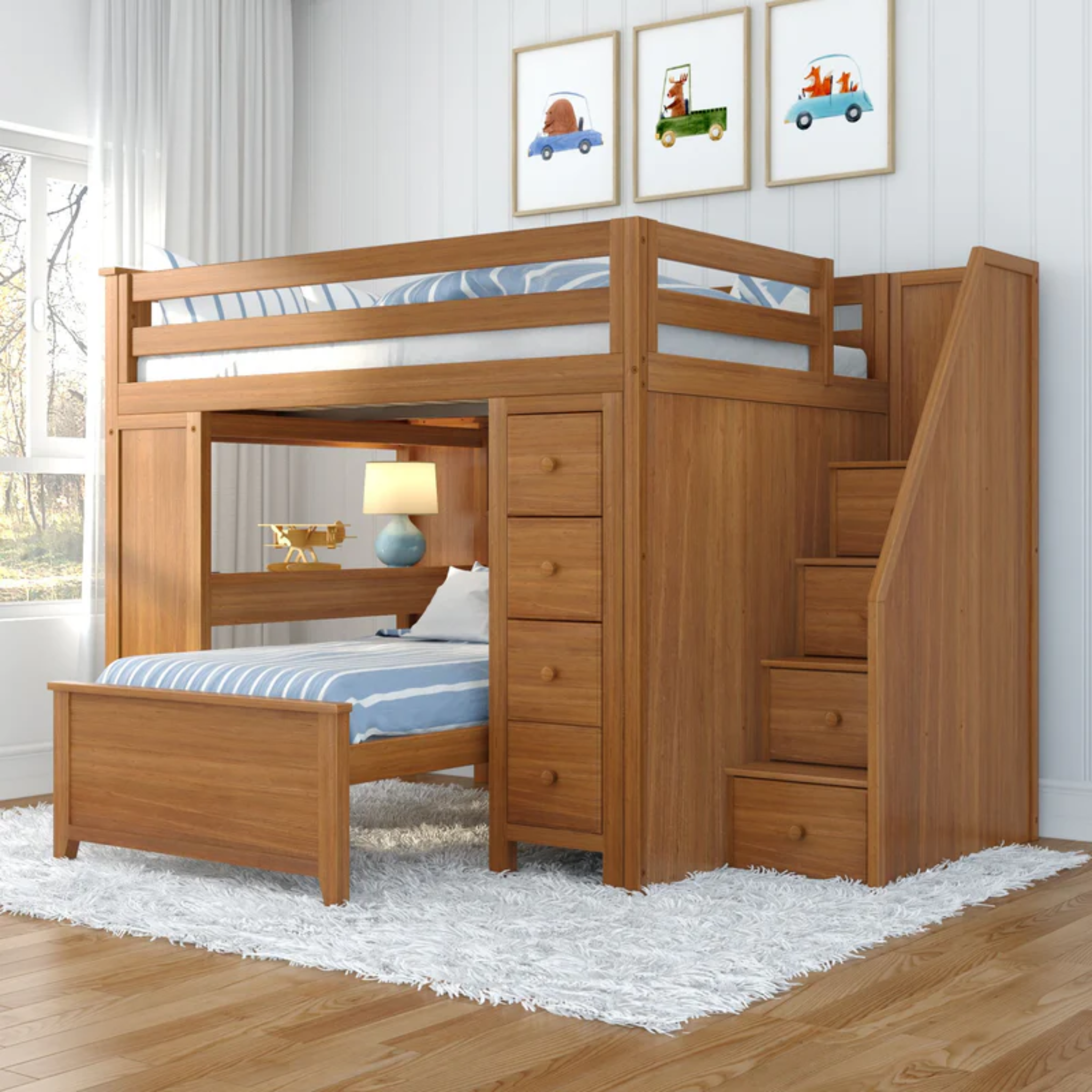 Buxton 4 - Full High Loft w/ Staircase, Dresser-Bookcase, Double-Drawer Desk & Twin Bed - Tots to Teens Furniture