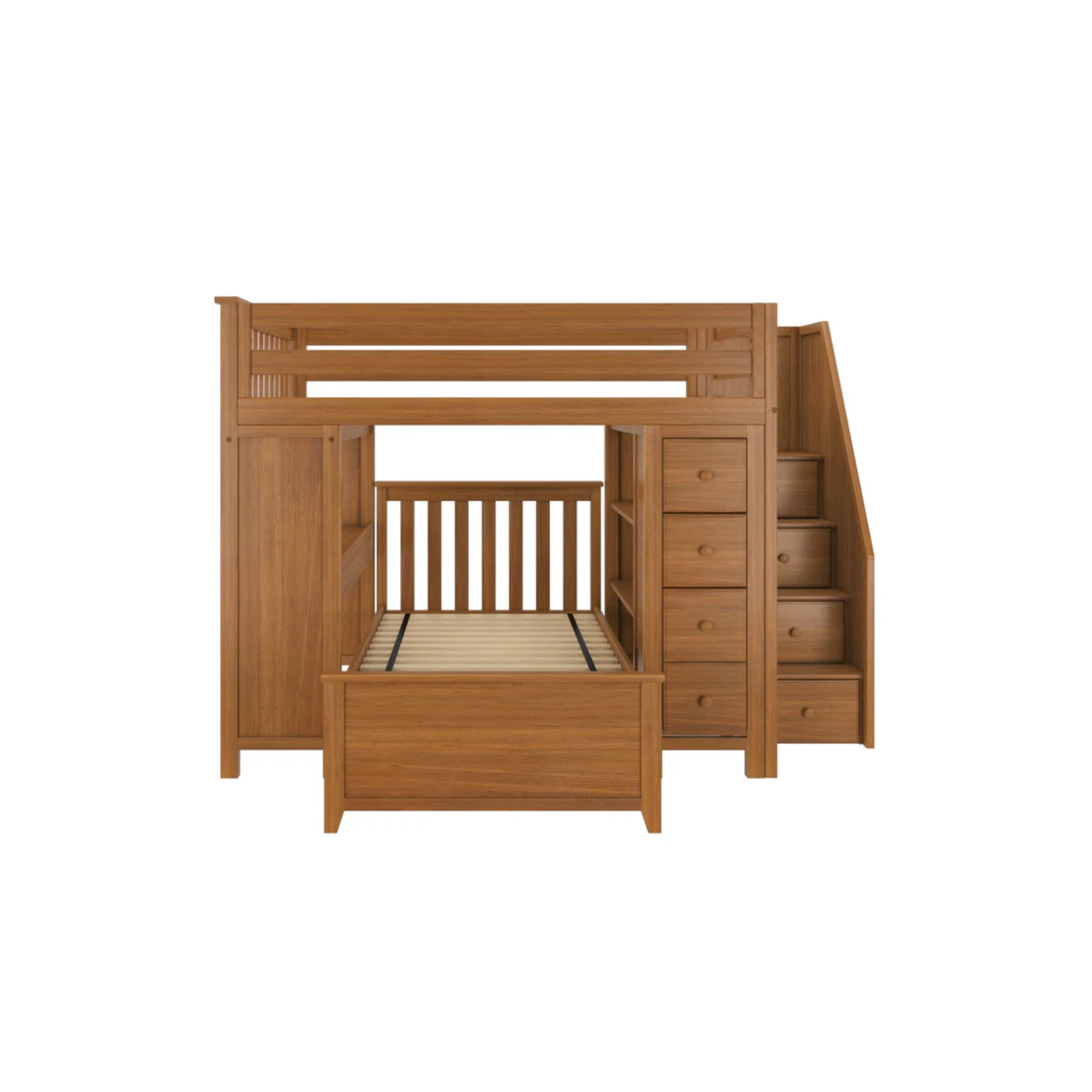 Buxton 4 - Full High Loft w/ Staircase, Dresser-Bookcase, Double-Drawer Desk & Twin Bed - Tots to Teens Furniture