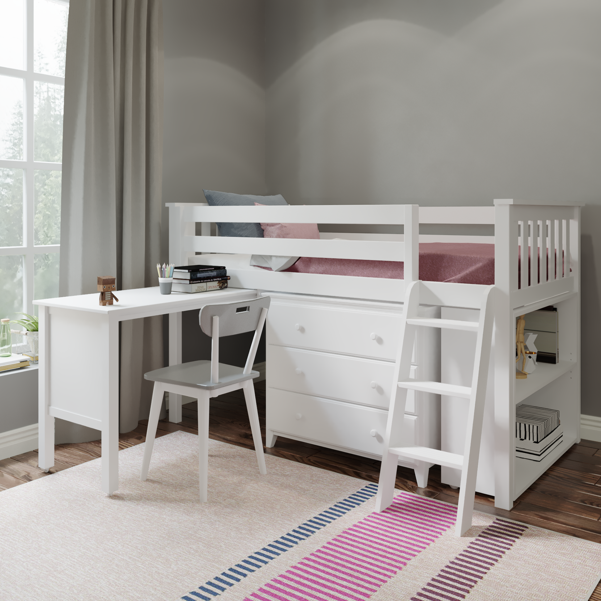 Windsor 2 - Low Loft Bed w/ Ladder, Dresser, Bookcase & Pull-out Desk - Tots to Teens Furniture