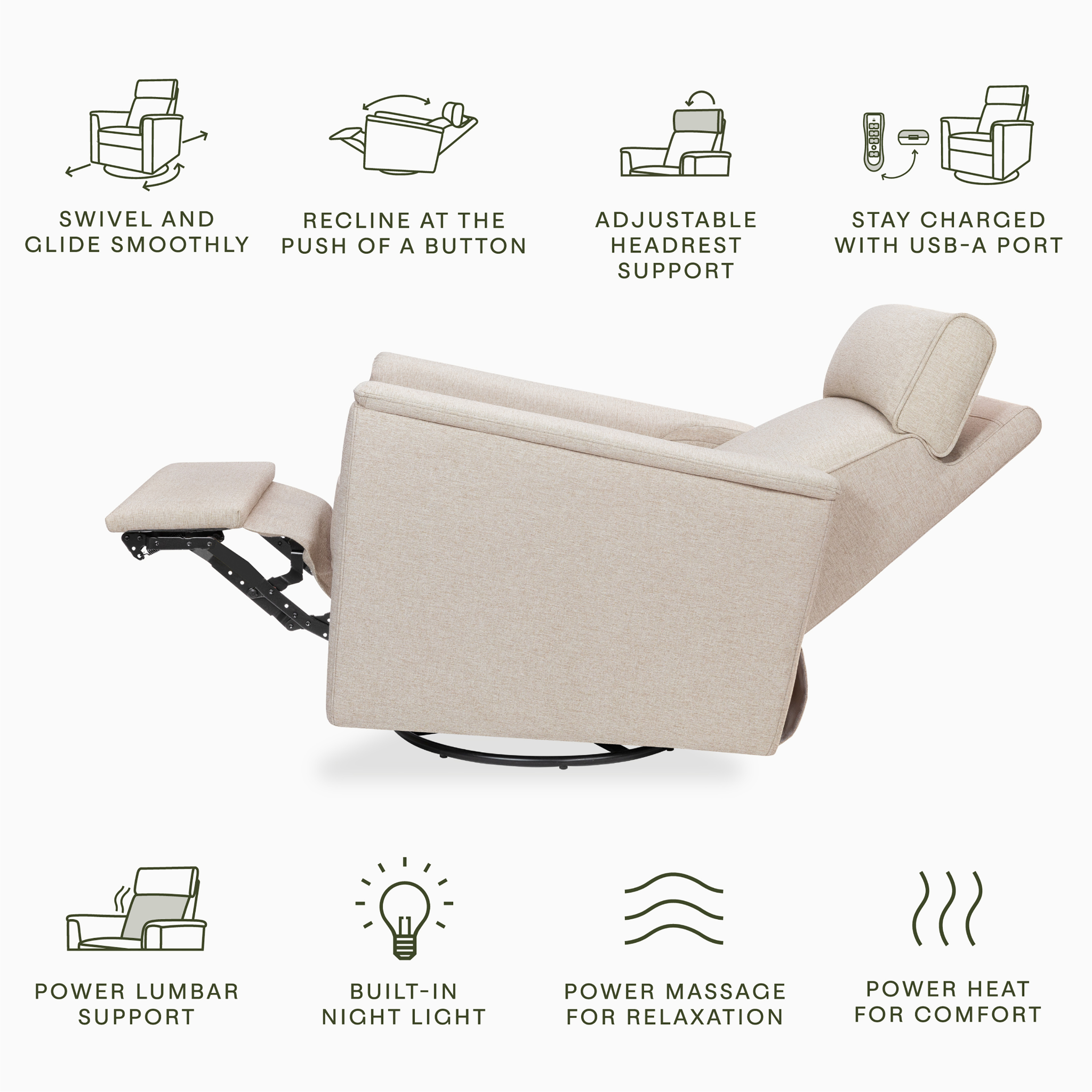 Willa Deluxe Power Recliner and Swivel Glider with Heat and Massage - Tots to Teens Furniture