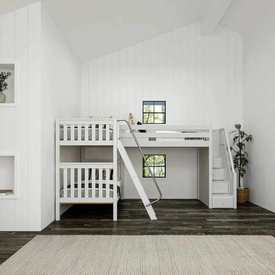 High Corner Triple Loft Bunk with Stairs and Angled Ladder Bunks - Tots to Teens Furniture