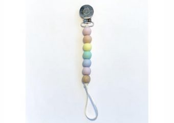 Pacifier + Teether Clip - Silicone with 1 Beechwood Bead - Rainbow Pastel