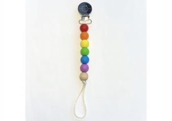 Pacifier + Teether Clip - Silicone with 1 Beechwood Bead - Rainbow Primary